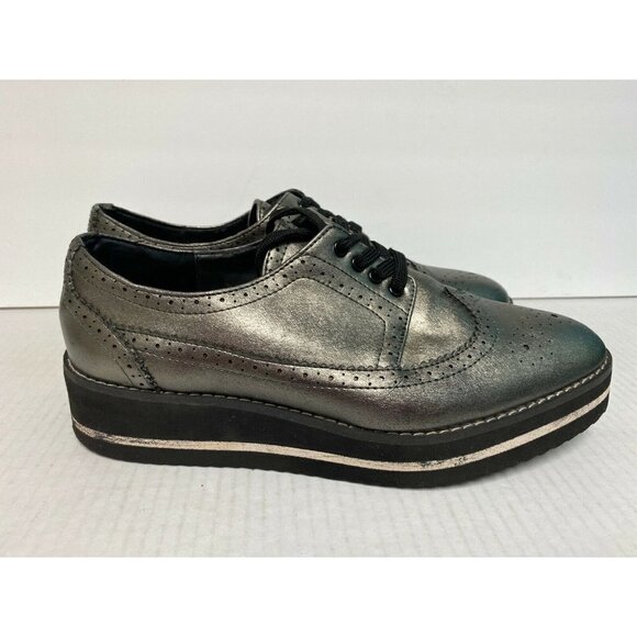 Zara Silver Metallic Platform Oxfords Women's Size 8 Statement Shoe - Picture 7 of 9